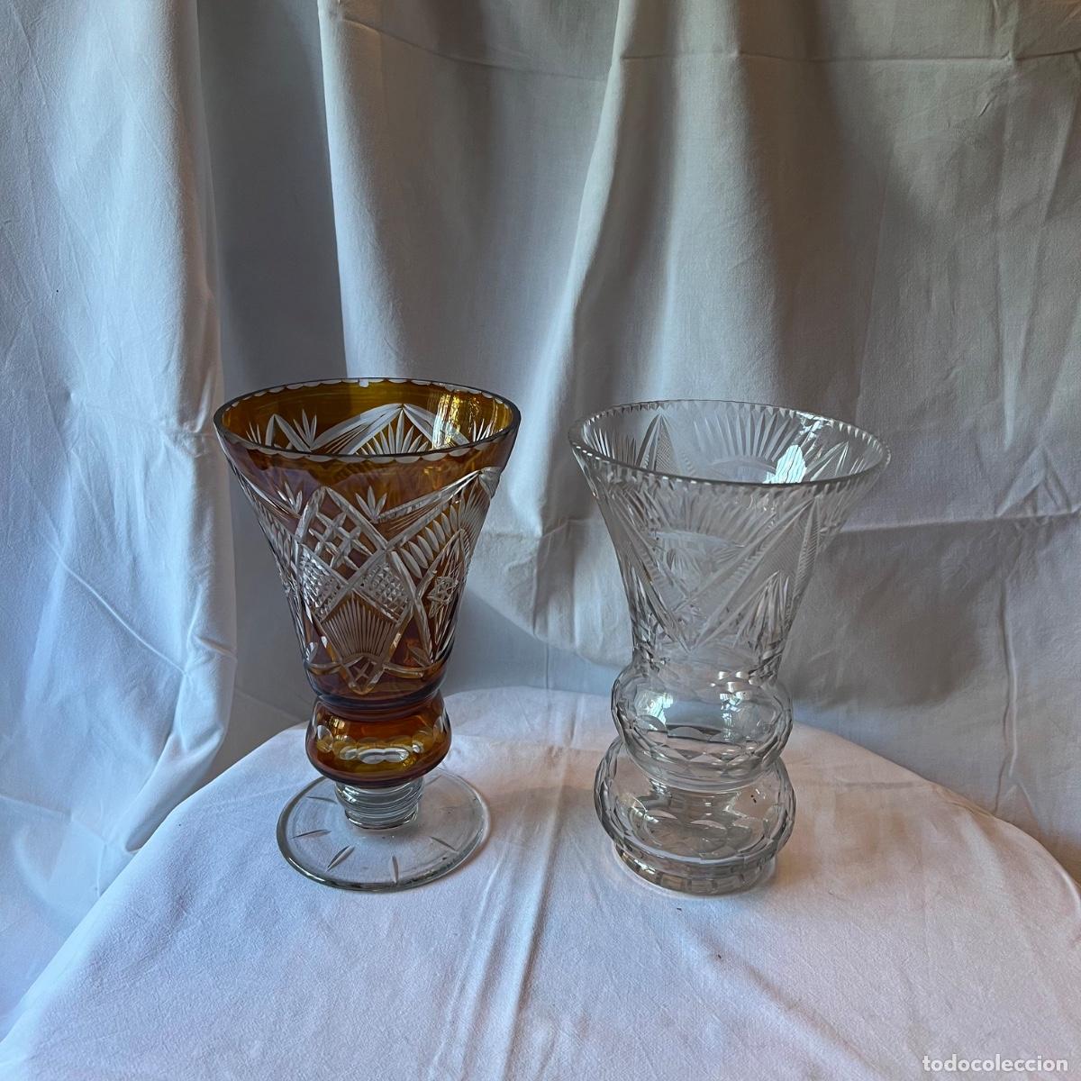 Antig&uuml;edades: Pareja Jarrones Cristal de Bohemia Tallado - Cristal Doblado &Aacute;mbar y Transparente Facetado - s. XX