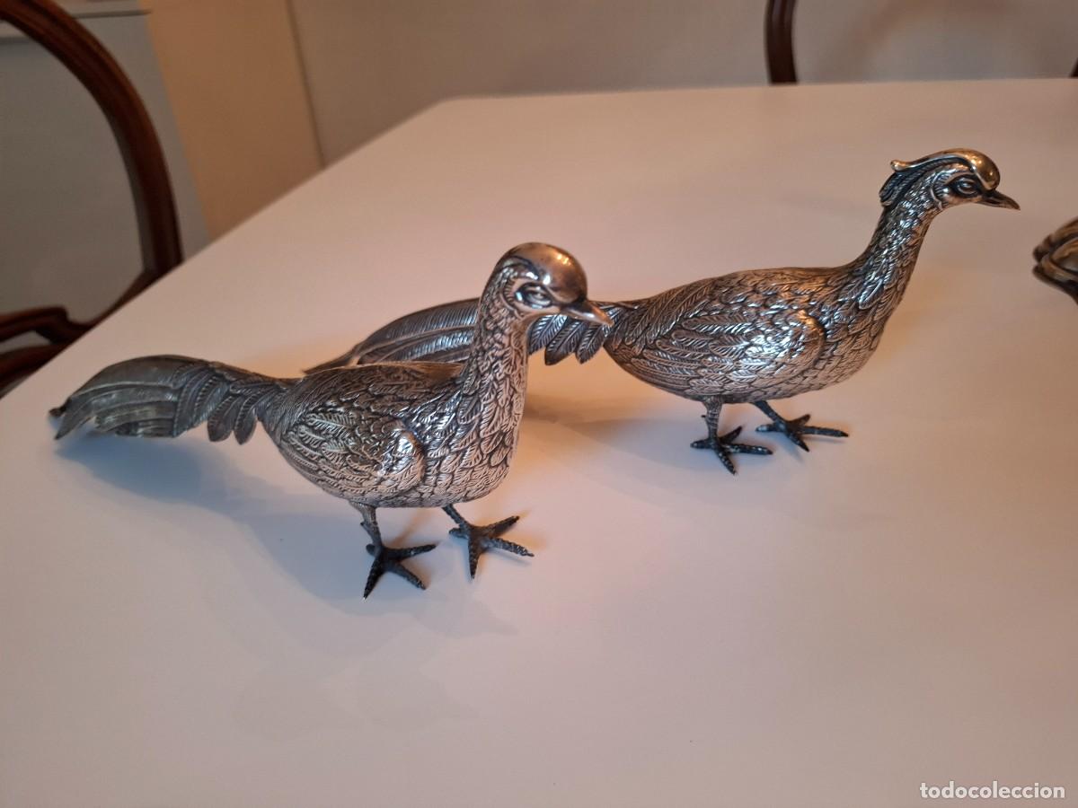 Antig&uuml;edades: Pareja de faisanes de plata de ley antigua