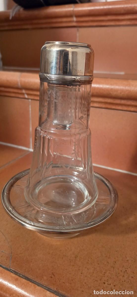 Antig&uuml;edades: Precioso juego de noche con cristal tallado y vaso de plata antiguo