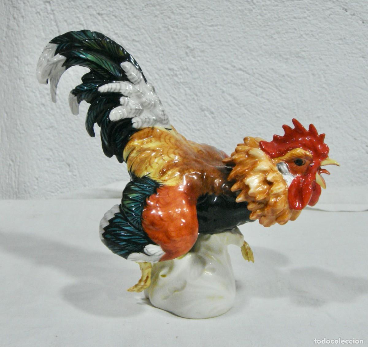Antig&uuml;edades: Figura de gallo &middot; Porcelana Algora &middot; Policromada a mano &middot; Espa&ntilde;a &middot; ca. 1970&ndash;1990