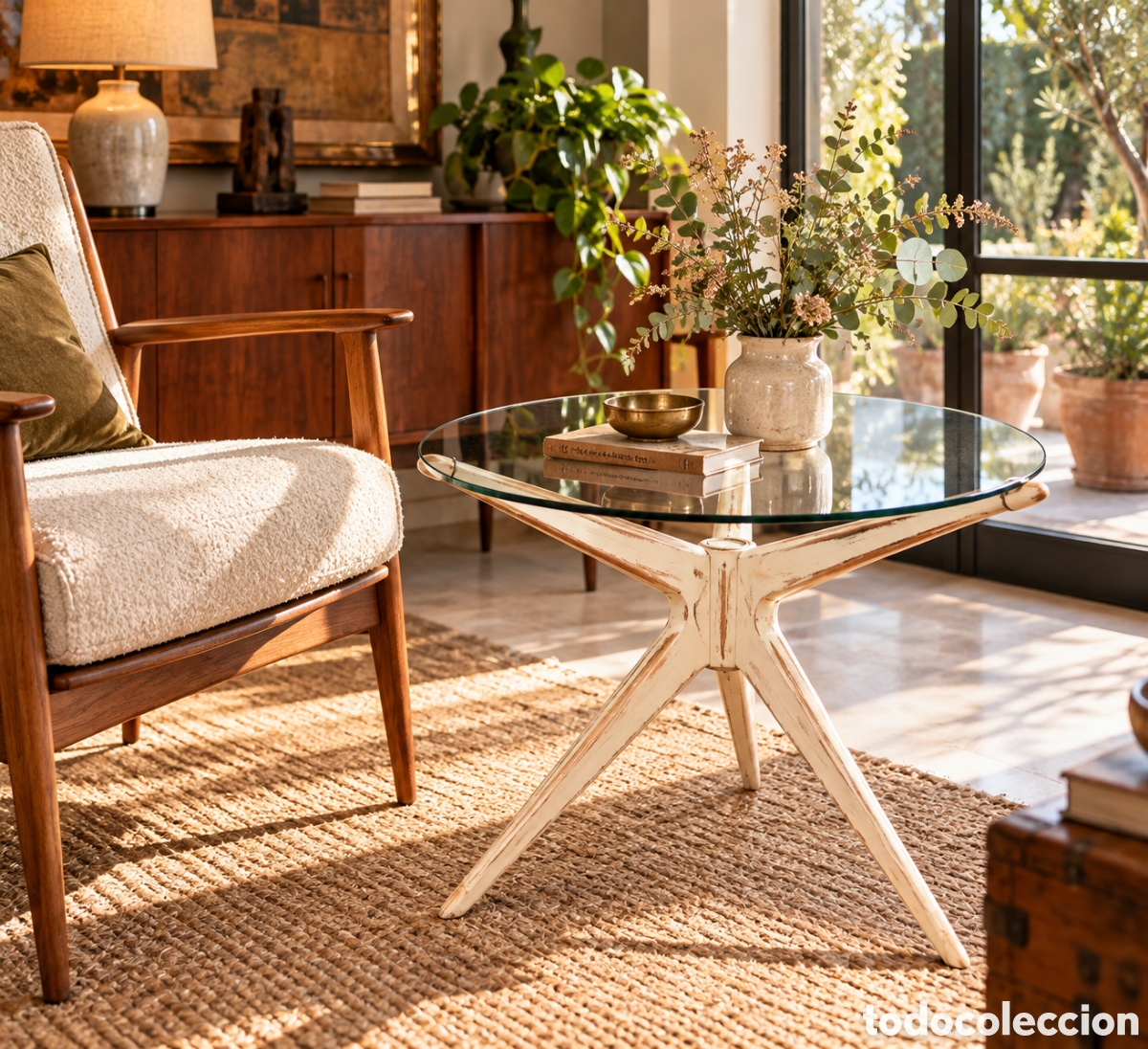 Antig&uuml;edades: Mesa auxiliar vintage a&ntilde;os 60. dise&ntilde;o mid-century. madera maciza de haya y cristal original
