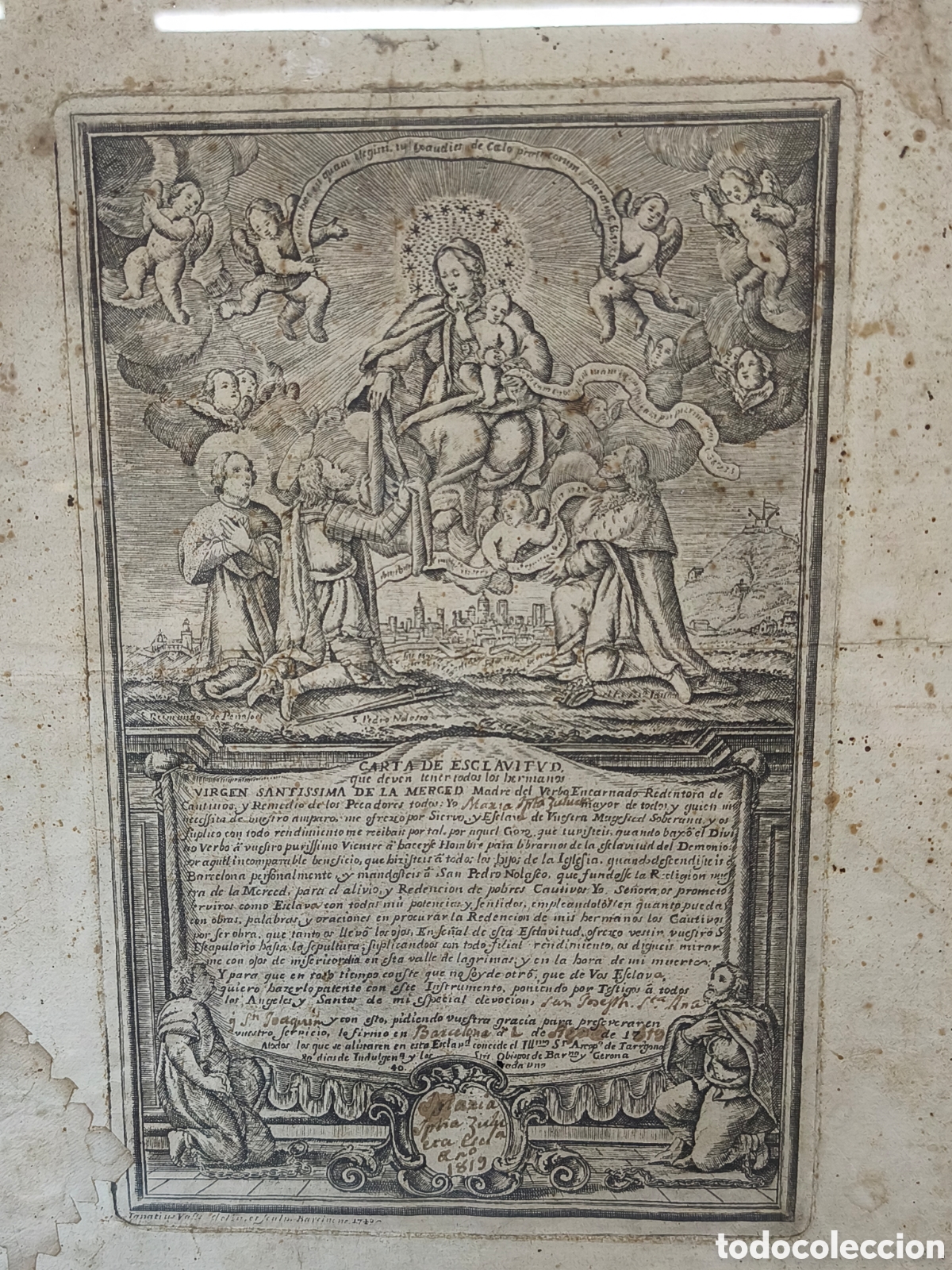 Antig&uuml;edades: Antiguo grabado 1819 carta esclavitud, virgen Sant&iacute;sima de la merced