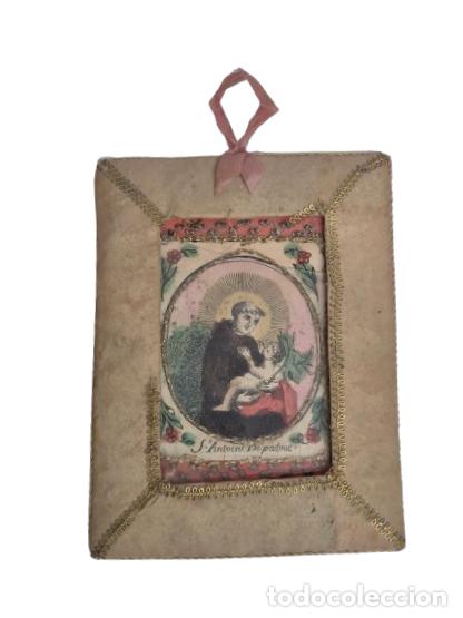 Antig&uuml;edades: Estampa Religiosa Antigua de San Antonio de Padua - Marco Devocional Artesanal de &Eacute;poca - S.XIX