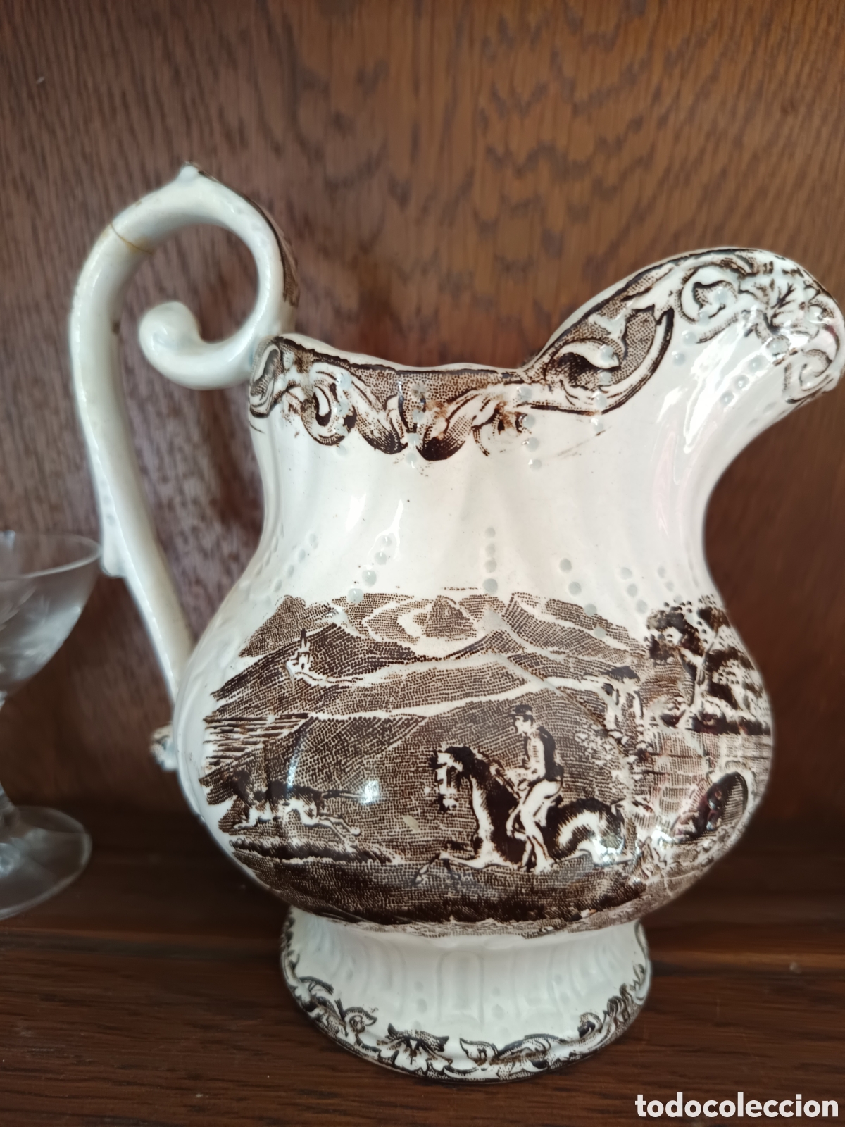 Antiquit&auml;ten: Rara lechera Jarra de loza ceramica de Valarino escena marr&oacute;n , Fabrica de La Amistad Cartagena