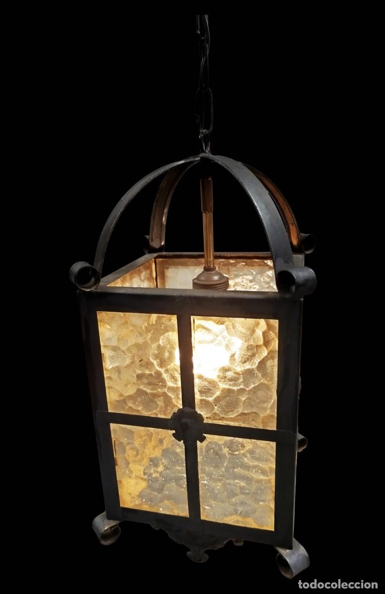 Oggetti Antichi: FAROL DE HIERRO PINTADO NEGRO Y VIDRIOS TEXTURIZADOS