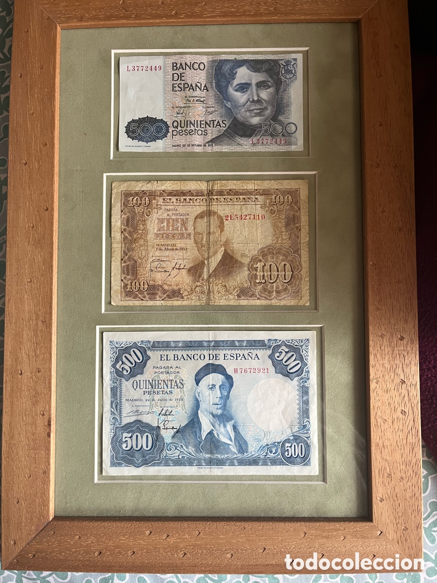Antig&uuml;edades: CUADRO CON TRES BILLETES ORIGINALES ESPA&Ntilde;OLES - Foto 2