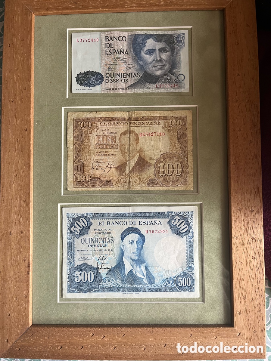Antig&uuml;edades: CUADRO CON TRES BILLETES ORIGINALES ESPA&Ntilde;OLES - Foto 3