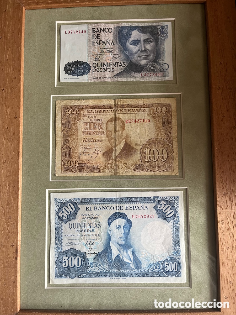 Antig&uuml;edades: CUADRO CON TRES BILLETES ORIGINALES ESPA&Ntilde;OLES - Foto 1