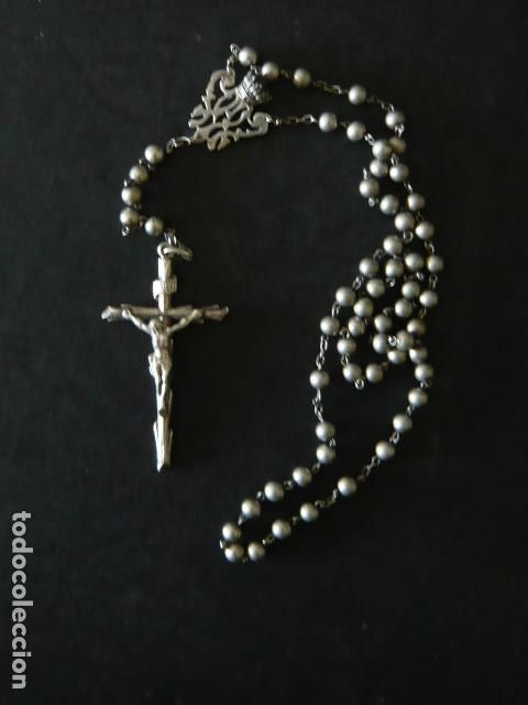 Antig&uuml;edades: CRISTO CRUCIFICADO CRUZ ANTIGUO ROSARIO EN METAL PLATEADO 40 CM LARGO
