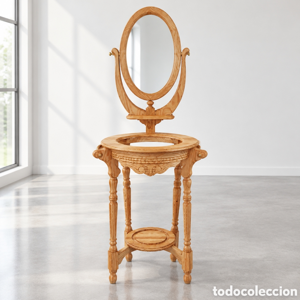 Antig&uuml;edades: PALANGANERO, AGUAMANIL CON ESPEJO, ELABORADO EN MADERA TALLADA MEDIDAS 157CM ALTO 50CM DI&Aacute;METRO