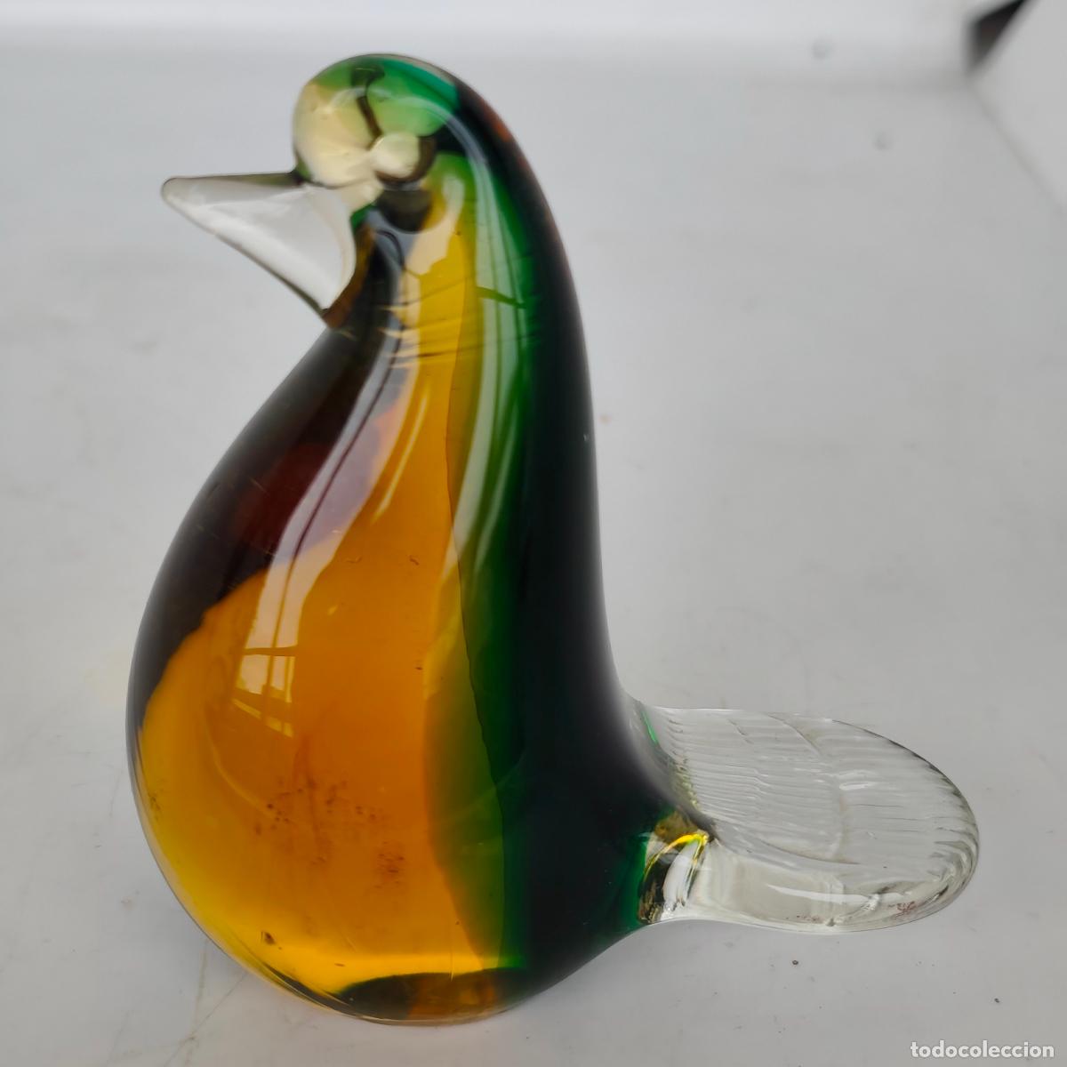 Antig&uuml;edades: P&aacute;jaro Vintage de Cristal de Murano Sommerso &ndash; Verde y &Aacute;mbar &ndash; Italia A&ntilde;os 50/60