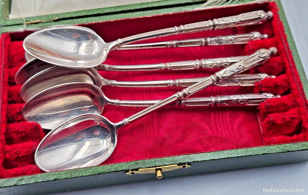 Antig&uuml;edades: COFFRET 6 CUILLERES CAFE MANCHE A LA RUSSE EN METAL ARGENTE ARGENTURE 10 BON ETAT