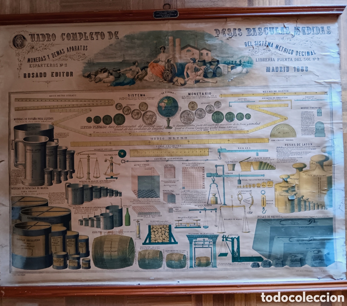 Antig&uuml;edades: Cartel Mural Escolar Sistema M&eacute;trico Decimal 1886 - Listones Madera Librer&iacute;a Hernando