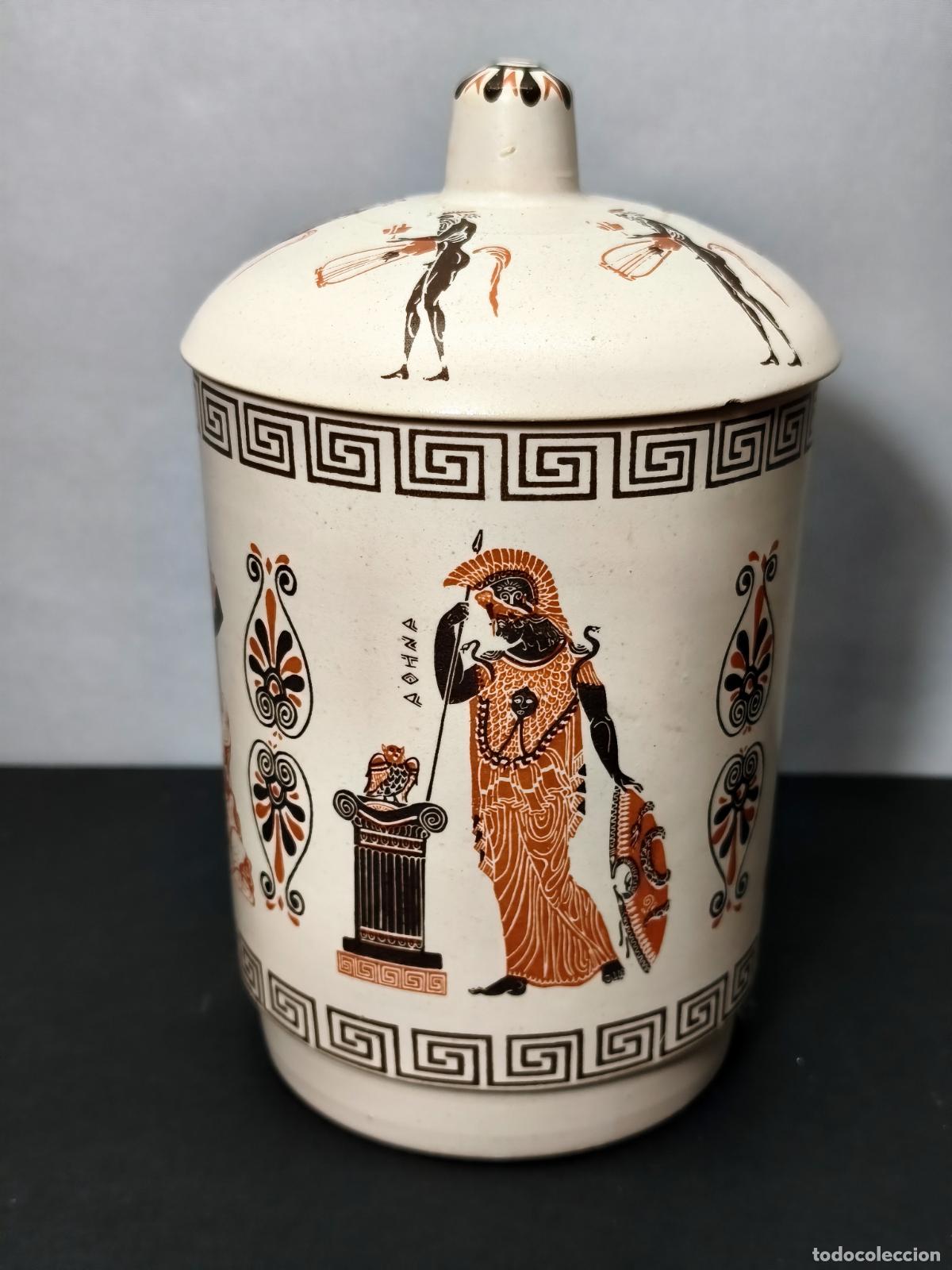 Antig&uuml;edades: Albarelo griego de colecci&oacute;n pintado a mano &middot; Mitolog&iacute;a &middot; Hermes &middot; Atenea &middot; Dionisio &middot; S&aacute;tiro