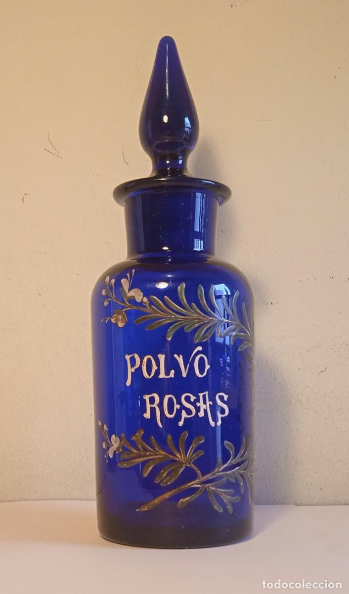 Antig&uuml;edades: Antiguo frasco de farmacia azul cobalto. Vidrio soplado, r&oacute;tulo 'POLVO ROSAS' esmaltado en oro.