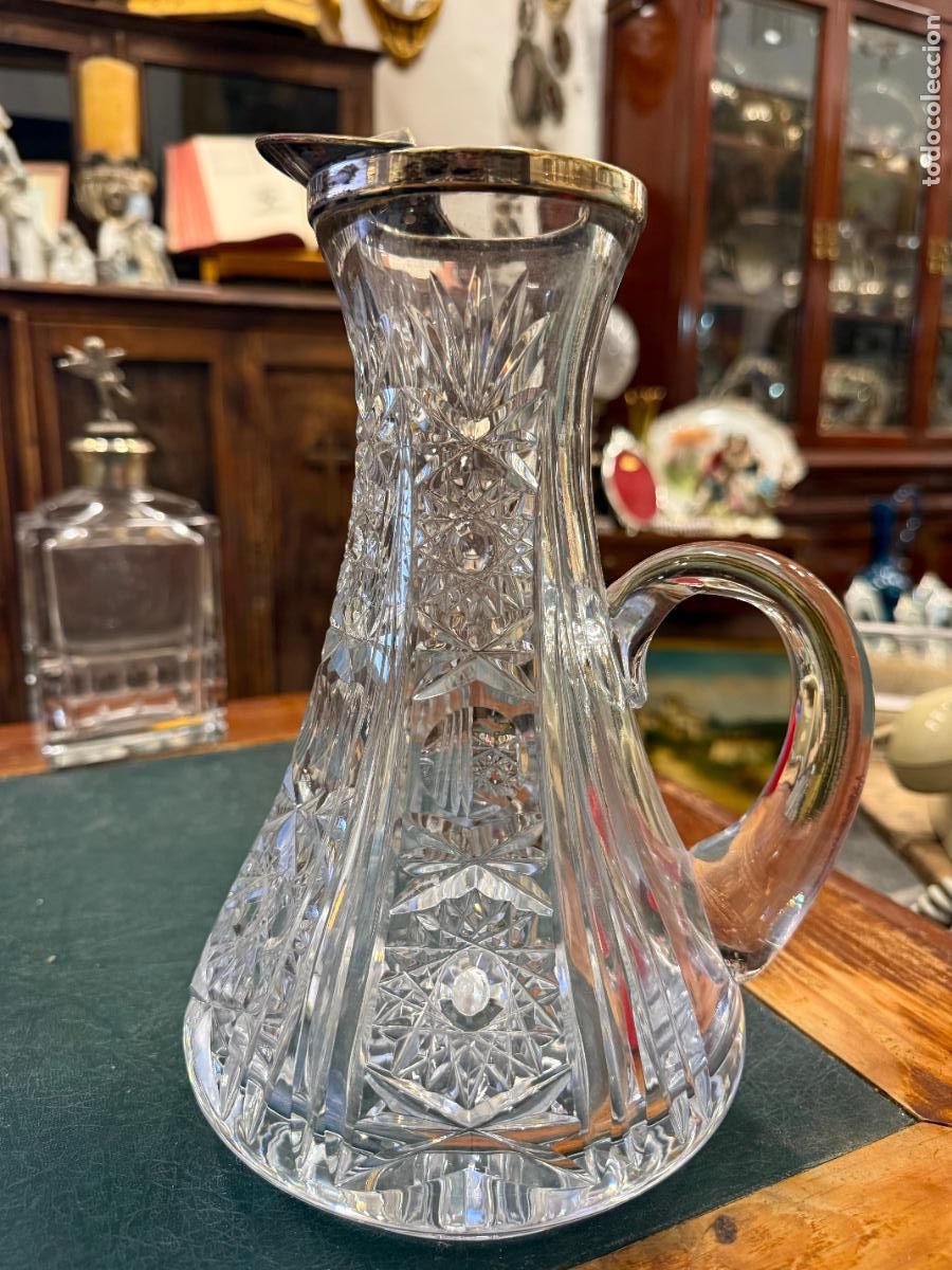 Antig&uuml;edades: ANTIGUA JARRA DE CRISTAL TALLADO Y PLATA DE LEY CONTRASTADO - MEDIDA 26 CM