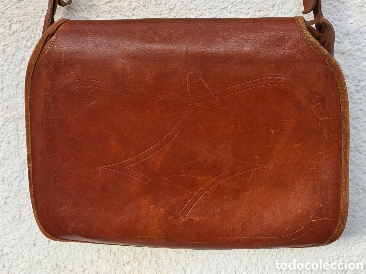 Antig&uuml;edades: Caza Zurr&oacute;n de Cuero con Red y Canana - Decoraci&oacute;n R&uacute;stica Morral Senderismo Piezas