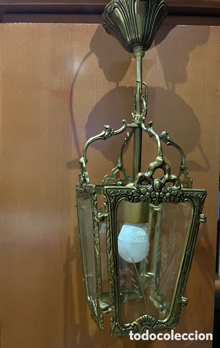 Antig&uuml;edades: L&aacute;mpara de techo con forma de farol de bronce con cristales - Foto 3