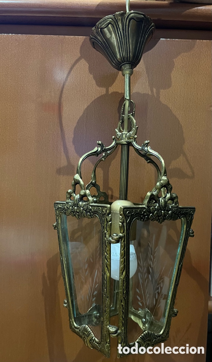 Antig&uuml;edades: L&aacute;mpara de techo con forma de farol de bronce con cristales - Foto 4