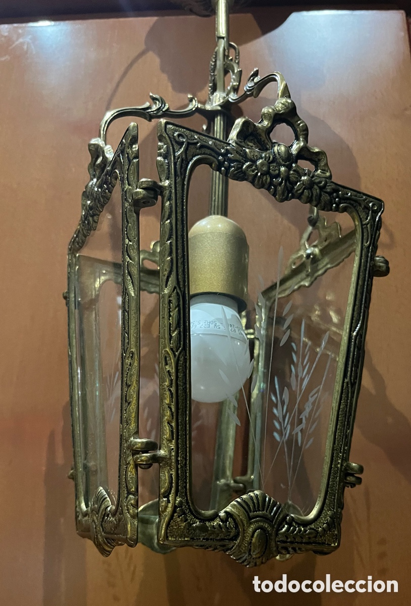 Antig&uuml;edades: L&aacute;mpara de techo con forma de farol de bronce con cristales - Foto 5