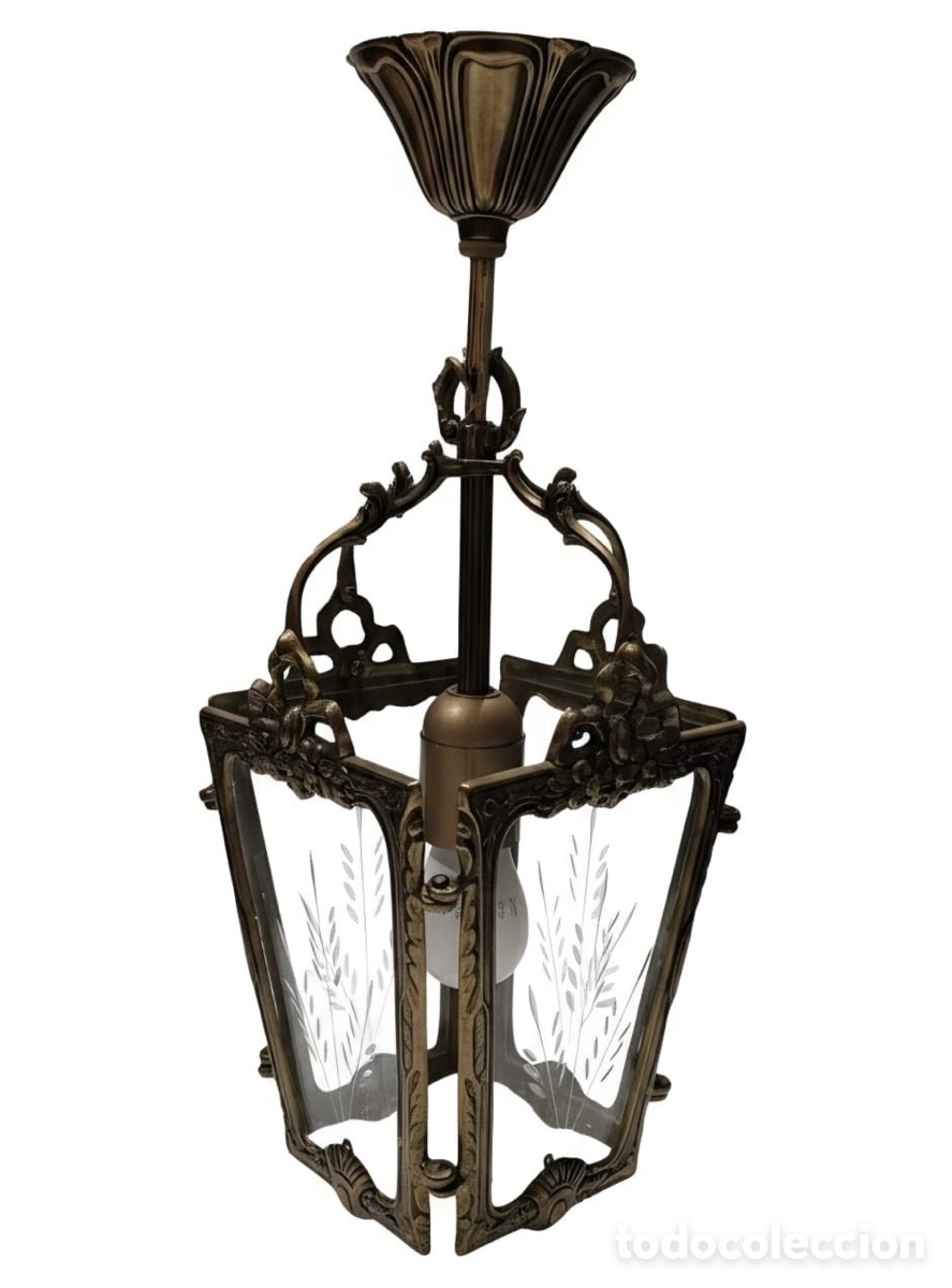 Antig&uuml;edades: L&aacute;mpara de techo con forma de farol de bronce con cristales