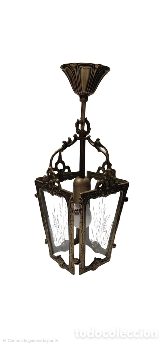 Antig&uuml;edades: L&aacute;mpara de techo con forma de farol de bronce con cristales