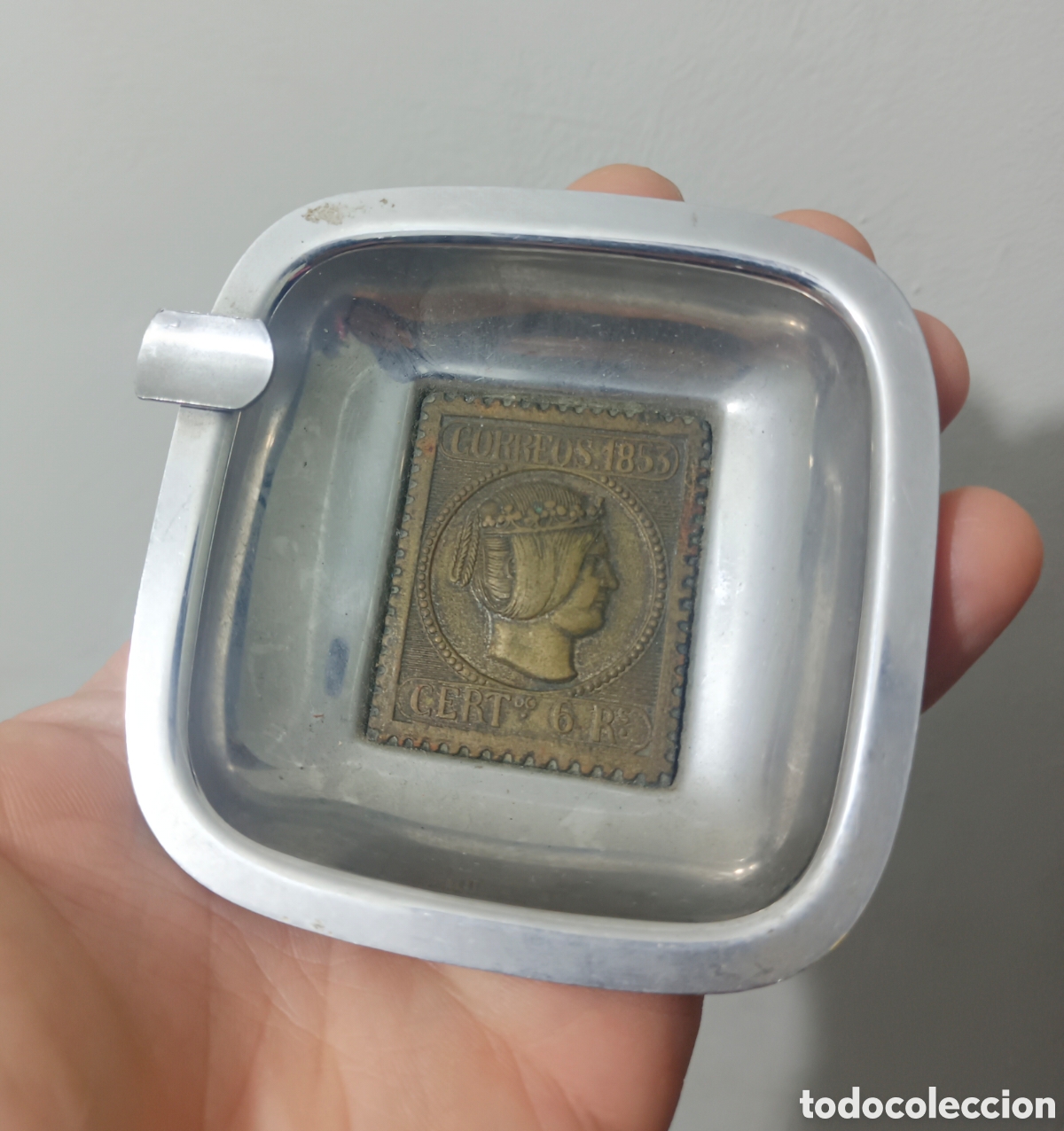 Antig&uuml;edades: Cenicero metalico vintage sello correos 1853 certificado 6 reales bronce