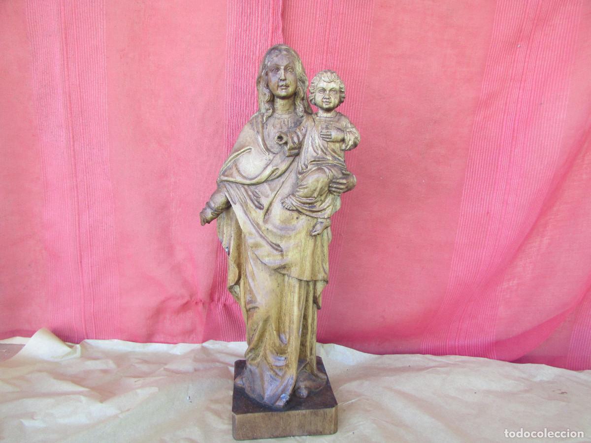 Antig&uuml;edades: Talla madera casta&ntilde;o VIRGEN MAR&Iacute;A con NI&Ntilde;O JES&Uacute;S 36 cm 50 a&ntilde;os