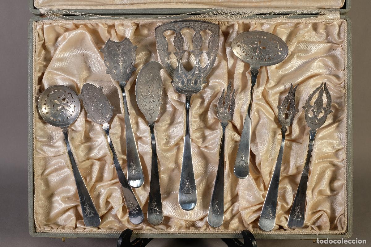 Antig&uuml;edades: Juego de utensilios para servir DE PLATA 916 antigua Fontanals - en su estuche.