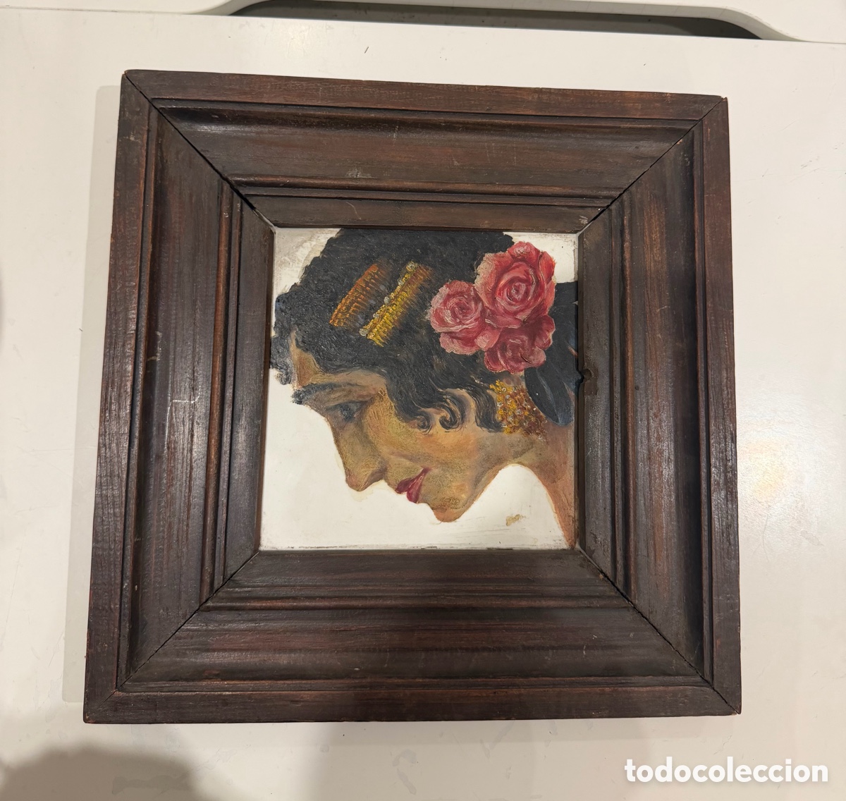 Antig&uuml;edades: &Oacute;leo antiguo retrato de gitana con rosas y marco