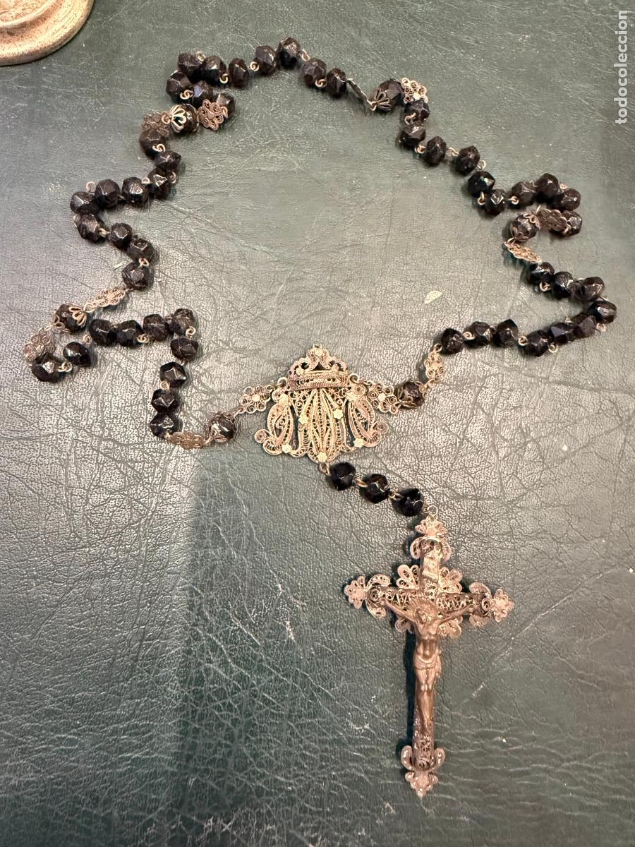 Antig&uuml;edades: ANTIGUO ROSARIO DE FILIGRANA Y AZABACHE - MEDIDA TOTAL 53 CM - RELIGIOSO - SEMANA SANTA - VIRGEN