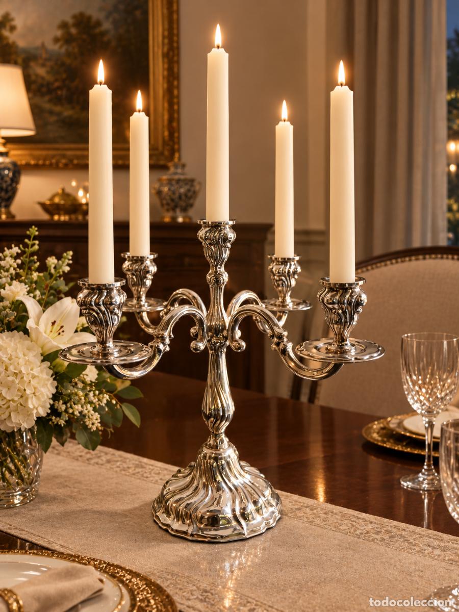 Antig&uuml;edades: Dos candelabros cl&aacute;sicos de 5 brazos de plata.