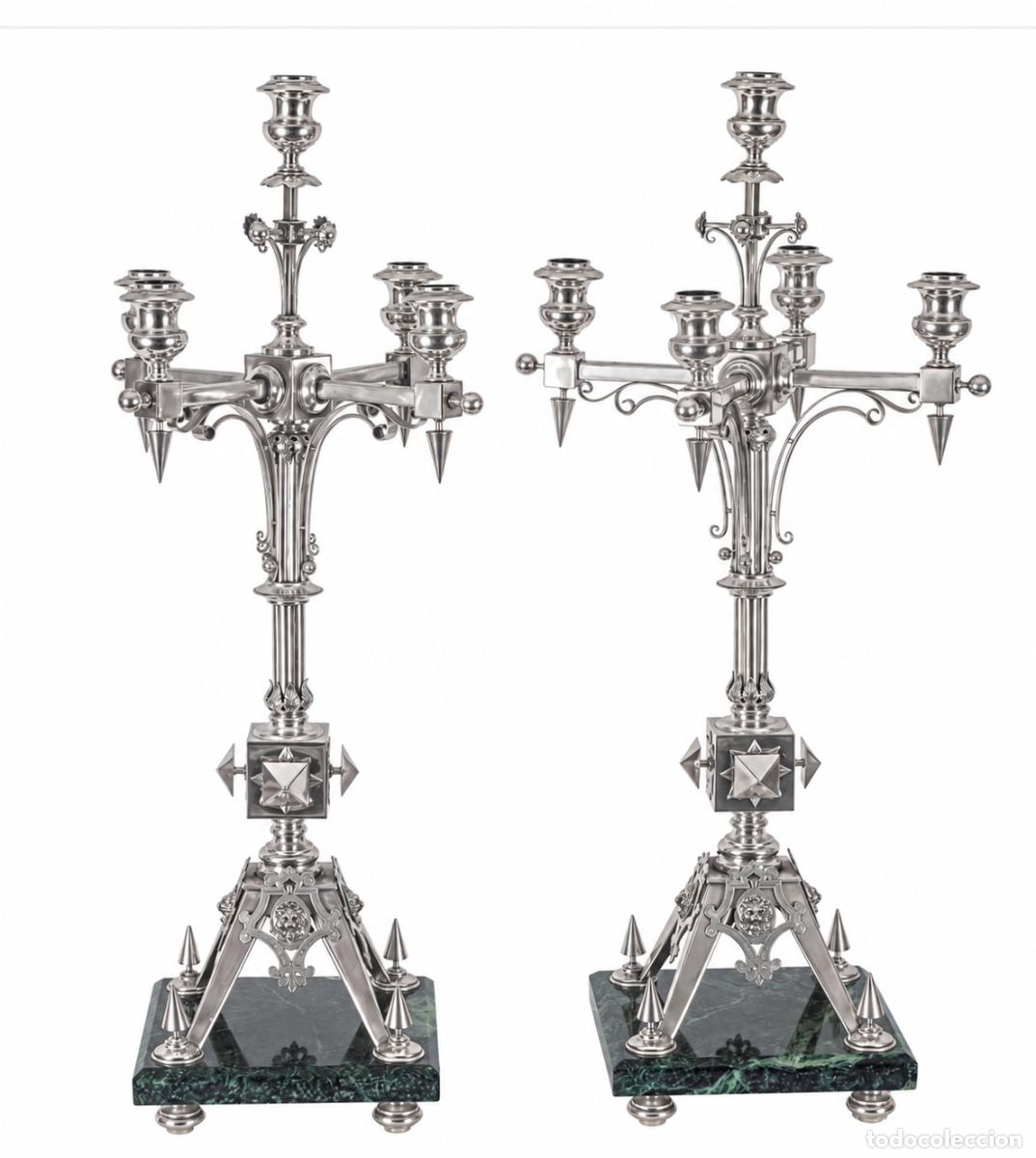 Antig&uuml;edades: ELEGANTE PAREJA DE CANDELABROS DE PLATA NEOGOTICOS PUNZONES SADERRA Y ROVIRA SIGLO XIX