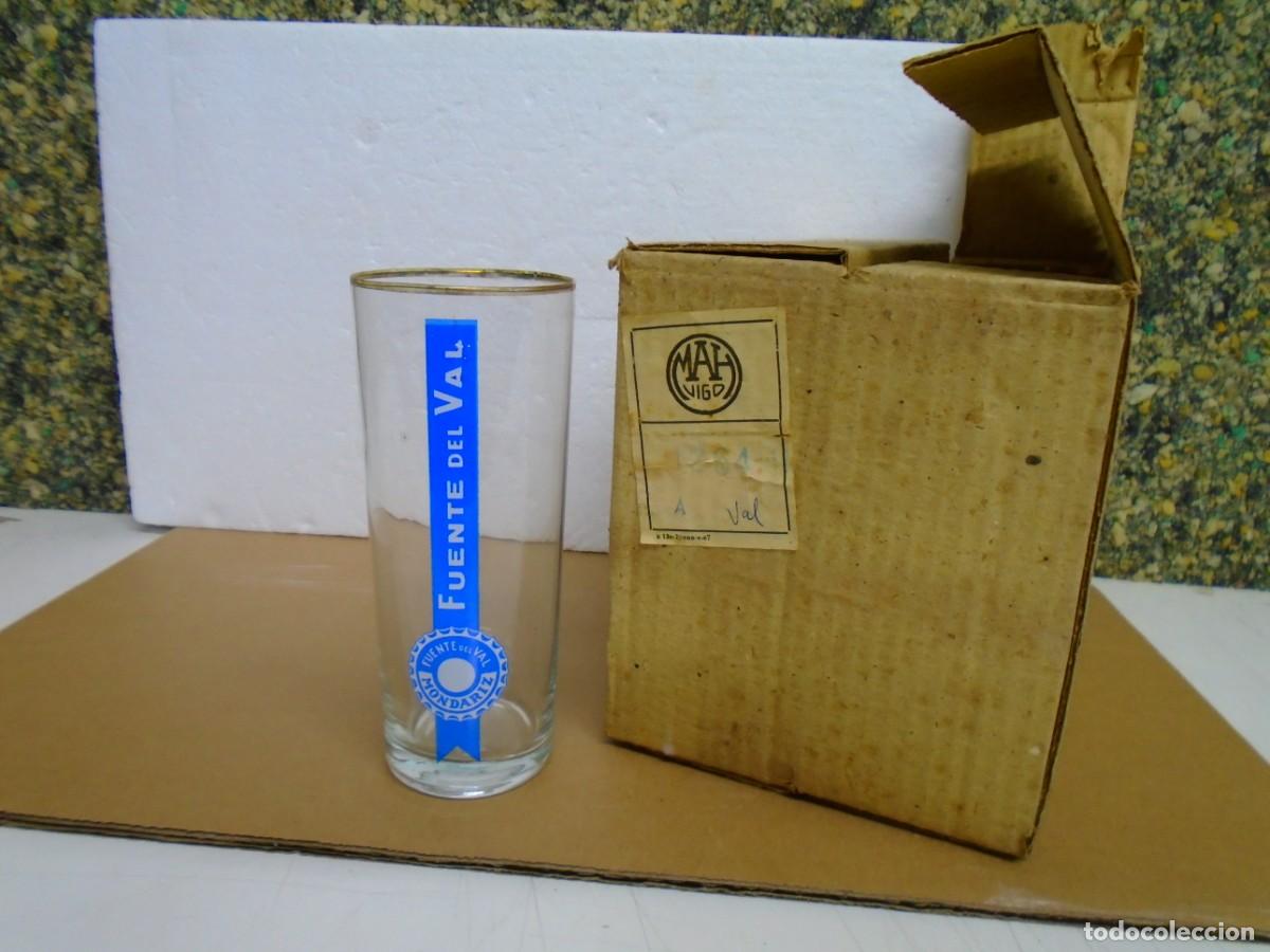 Antig&uuml;edades: VINTAGE VASOS DE TUBO SERIGRAFIADOS EN AZUL FUENTE DEL VAL-MONDARIZ-CAJA COMPLETA DE 6.