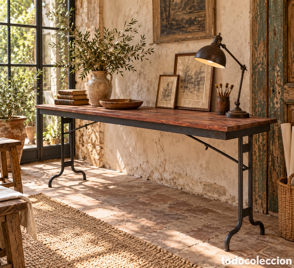 Oggetti Antichi: Mesa industrial antigua plegable de madera y hierro &ndash; mediados siglo XX
