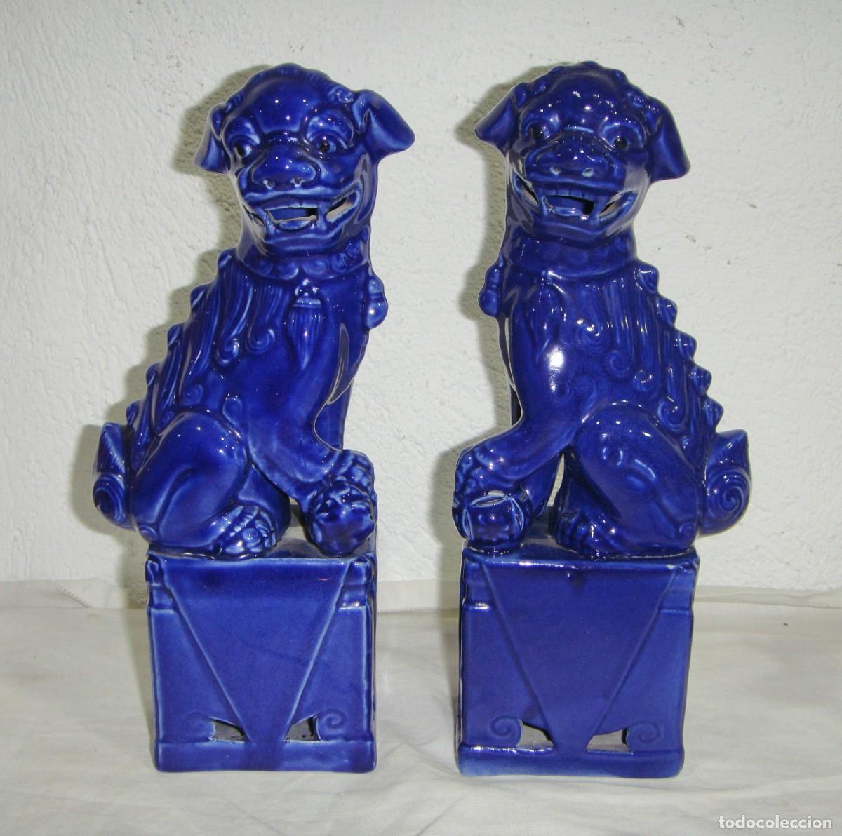 Oggetti Antichi: Pareja de Perros Foo &middot; Leones Guardianes Chinos &middot; Porcelana Azul Cobalto