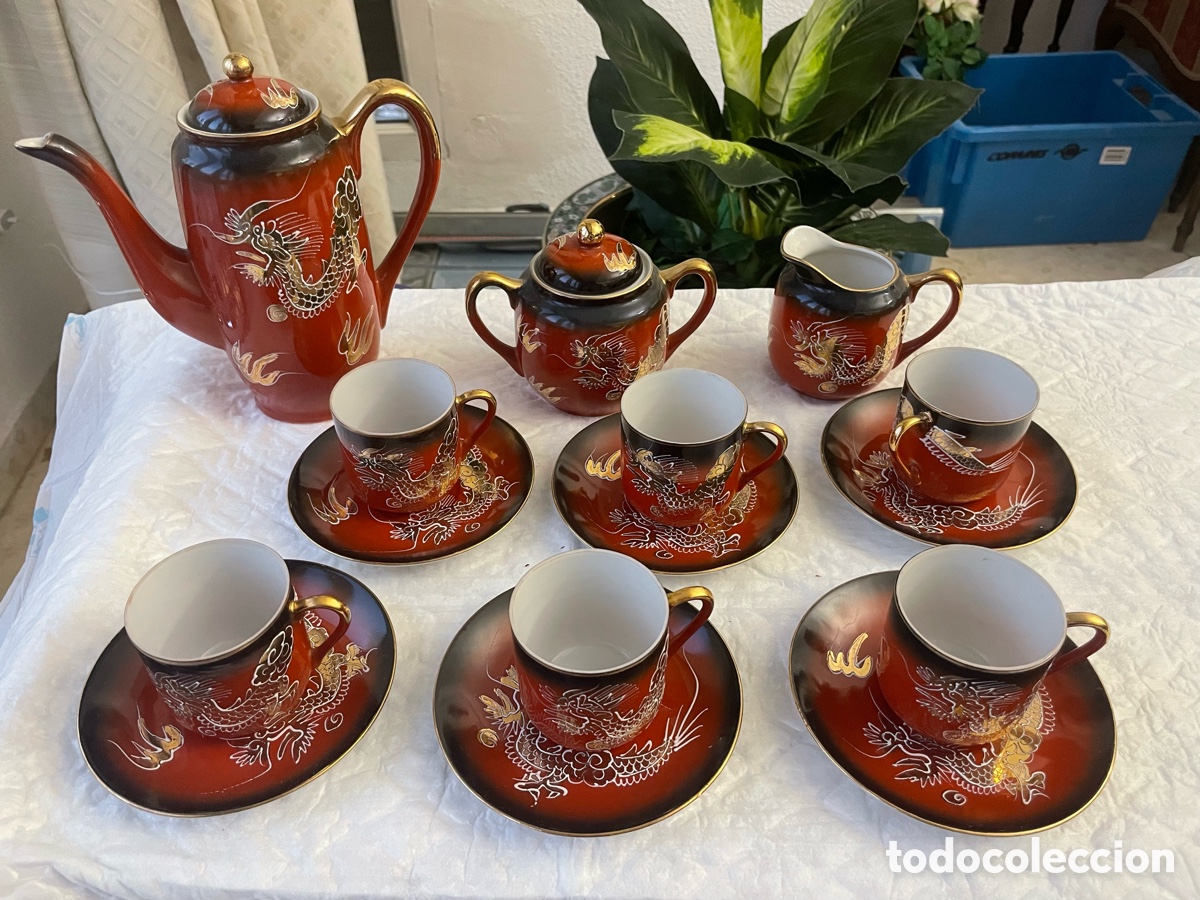 Oggetti Antichi: Juego de t&eacute; Japon&eacute;s Completo (Porcelana Kutani) Drag&oacute;n Moriage - Litofan&iacute;a Geisha