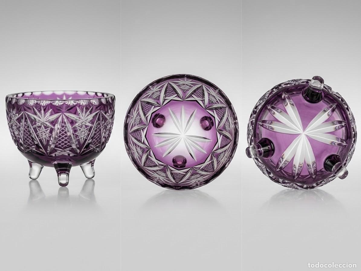 Antig&uuml;edades: Antiguo Cuenco de Cristal Tallado Nachtmann Alemania &ndash; Morado Amatista y Transparente