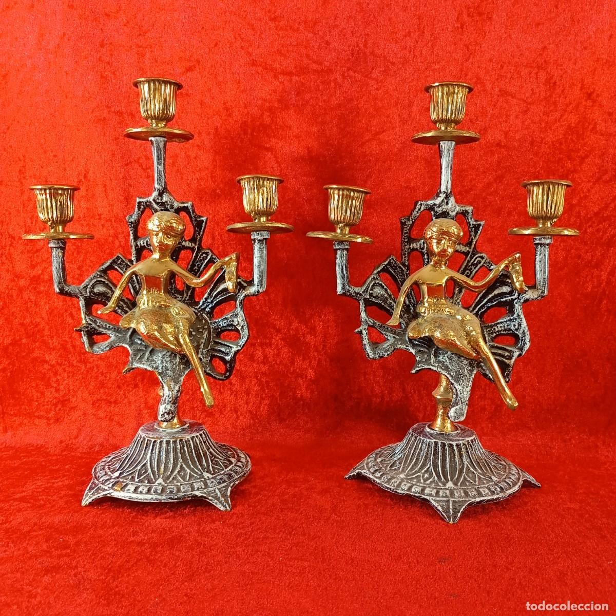 Antig&uuml;edades: ANTIGUOS CANDELABROS DE TRES BRAZOS - FABRICADOS EN BRONCE Y LAT&Oacute;N - SIGLO XX - 18 X 29,5 CM / 1619