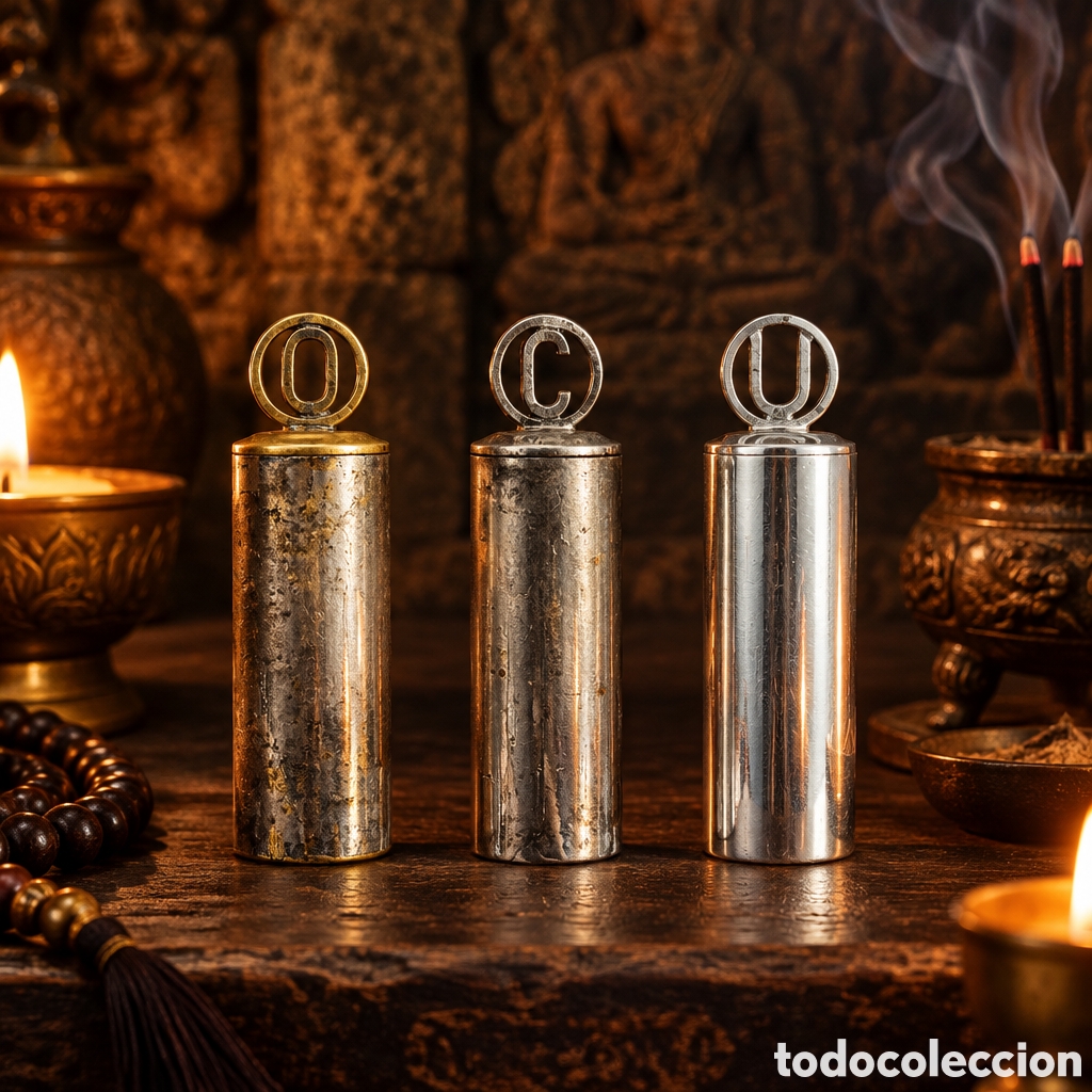 Antig&uuml;edades: Antiguo juego de tres Crismeras elaboradas en metal plateado, ba&ntilde;o de plata. Finales del siglo XIX 7