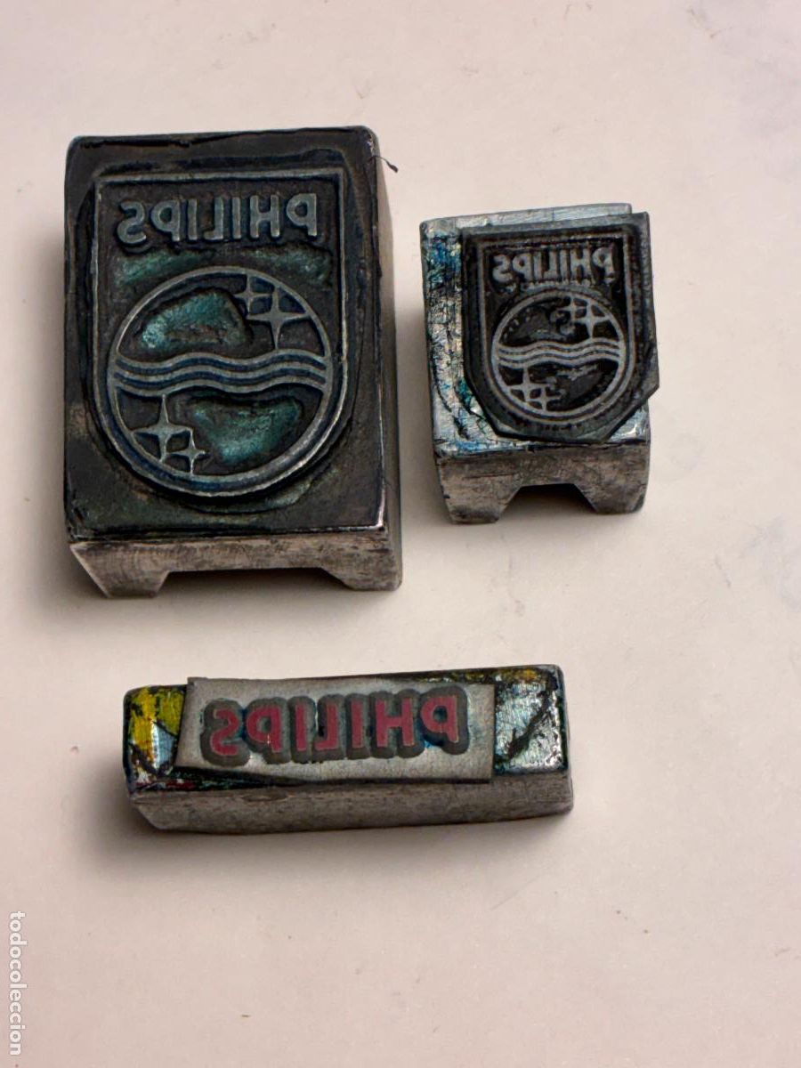 Antig&uuml;edades: tres cu&ntilde;os tampones troqueles de imprenta publicidad marca Philips iluminacion,radio,electricidad