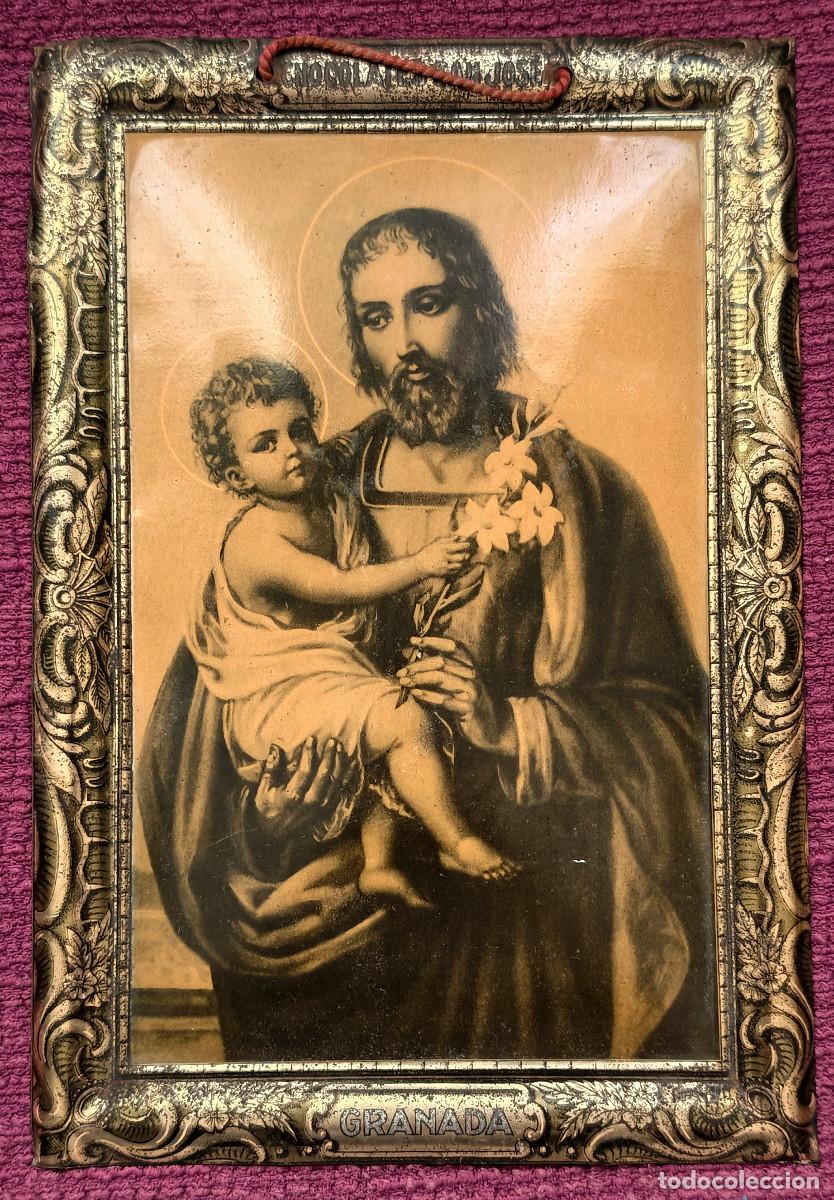 Antig&uuml;edades: L&aacute;mina de metal impresa, de San Jos&eacute; con el Ni&ntilde;o Jes&uacute;s.
