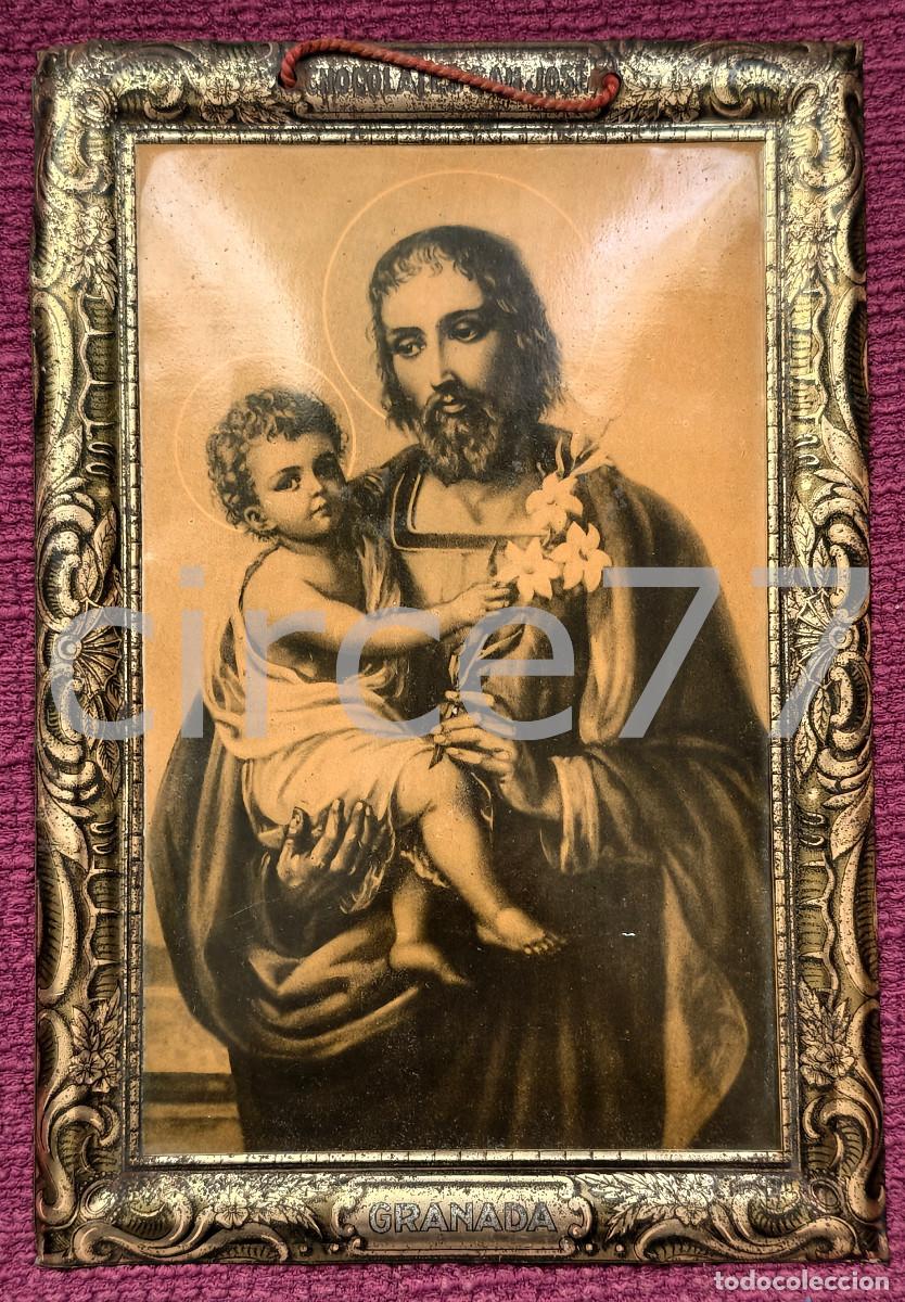 Antig&uuml;edades: L&aacute;mina de metal impresa, de San Jos&eacute; con el Ni&ntilde;o Jes&uacute;s, de ''Chocolates San Jos&eacute;'' de Granada.