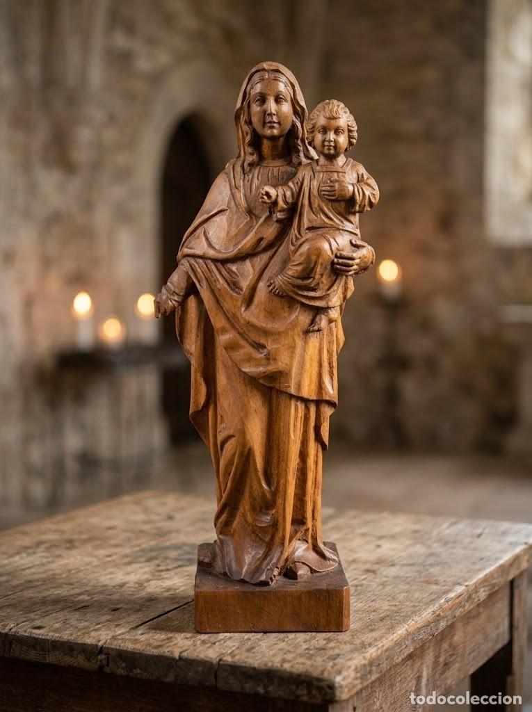 Antig&uuml;edades: Virgen con Ni&ntilde;o talla madera Artesan&iacute;a Ouro