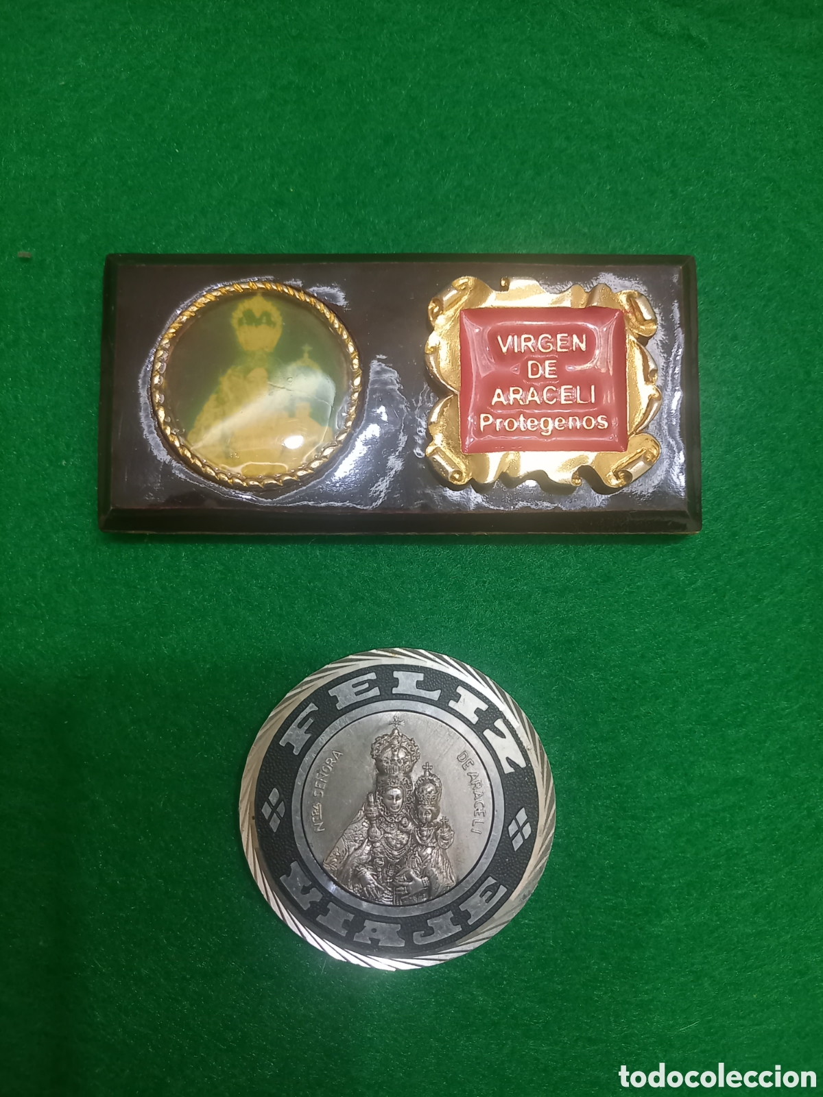 Antig&uuml;edades: Lote de 2 Placas de la Virgen de Araceli (Lucena) - Placa de Coche &rdquo;Feliz Viaje&rdquo; e Im&aacute;n/Retablo Met&aacute;