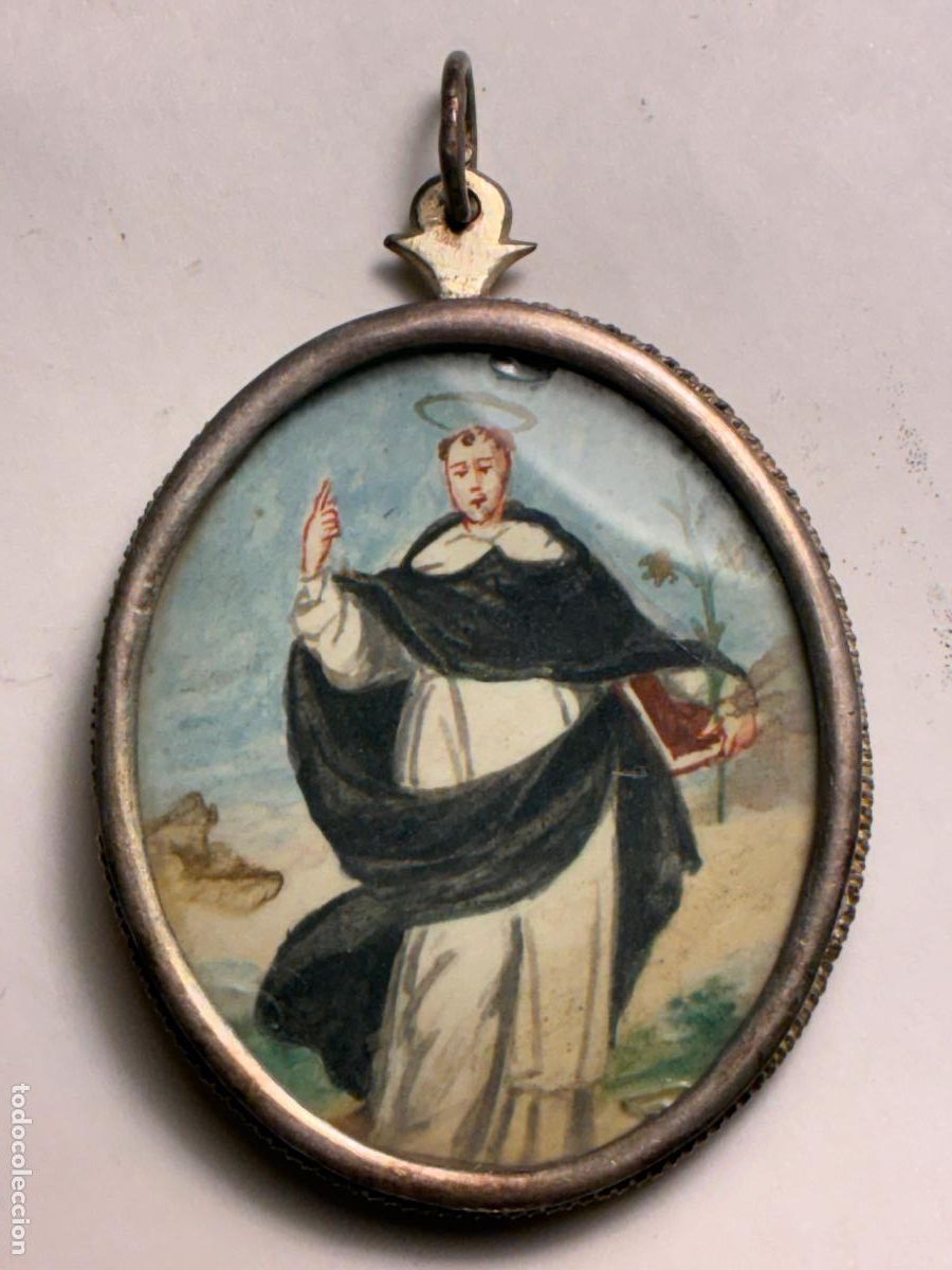 Antig&uuml;edades: Medall&oacute;n, Relicario colgante San Vicente Ferrer y la Virgen de los Dolores 6x5 cm metal y cristal