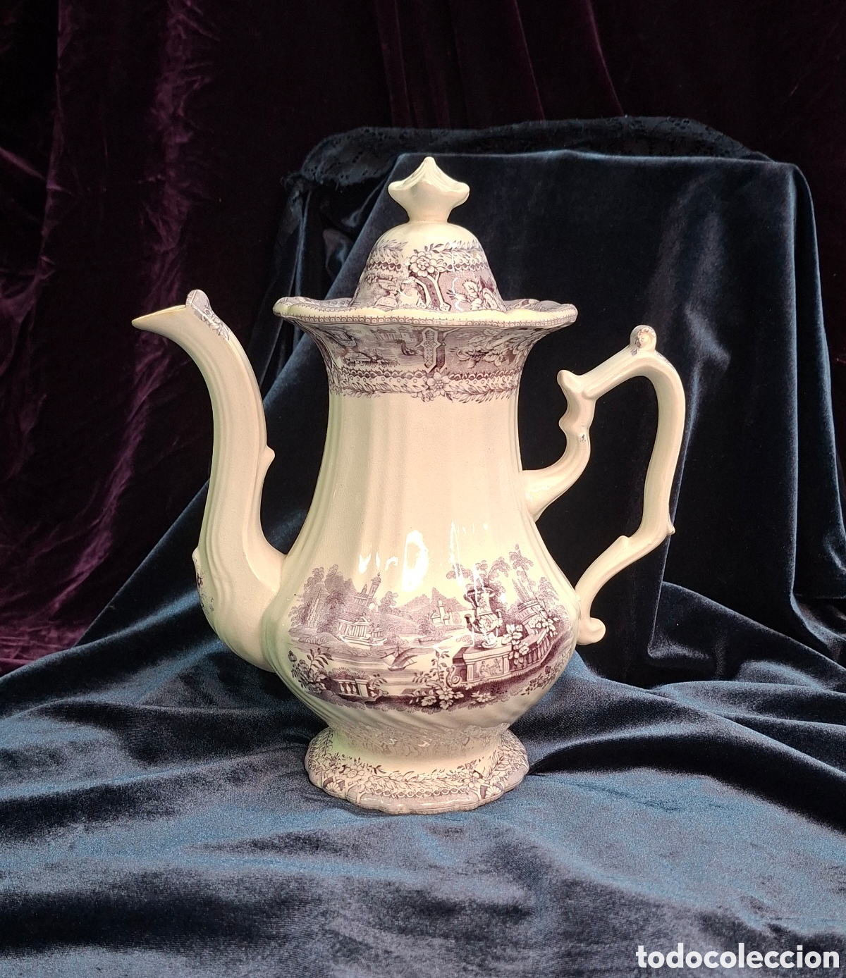 Oggetti Antichi: Antigua tetera Real F&aacute;brica de Sargadelos sello corona decoraci&oacute;n violeta 27 cm
