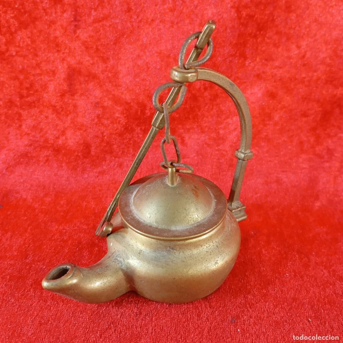 Antig&uuml;edades: LAMPARA DE ACEITE COLGANTE - CHAPADA EN BRONCE - DE &Eacute;POCA - SIGLO XIX - 22 CM DE ALTURA