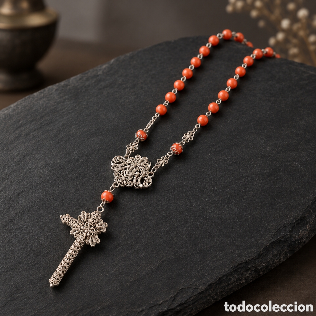 Antig&uuml;edades: Rosario antiguo del siglo XIX elaborado con cuentas esf&eacute;ricas de coral y plata con detalles...
