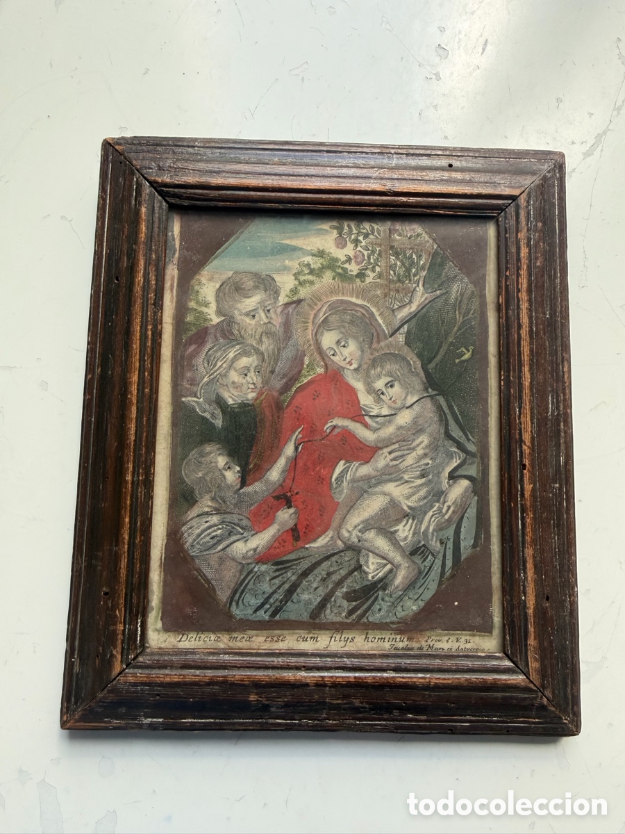 Antig&uuml;edades: Grabado antiguo Sagrada Familia grabado en madera